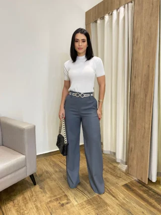 Calça Feminina Pantalona Bia Viscolinho Cinza - Fernanda Ramos Store