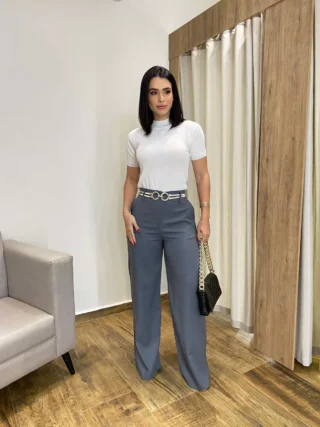 Calça Feminina Pantalona Bia Viscolinho Cinza - Fernanda Ramos Store