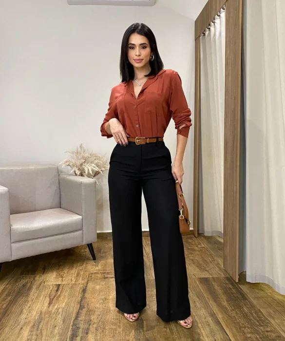 Calça Feminina Pantalona Bia Viscolinho Preta - Fernanda Ramos Store