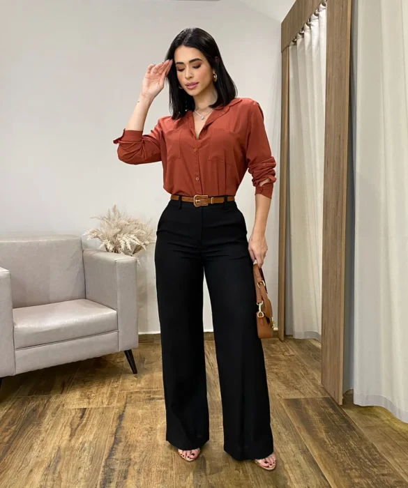 Calça Feminina Pantalona Bia Viscolinho Preta - Fernanda Ramos Store