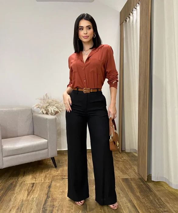 Calça Feminina Pantalona Bia Viscolinho Preta - Fernanda Ramos Store