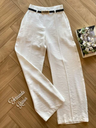 Calça Social Feminina Pantalona Viscose Off White com Cinto - Fernanda Ramos Store