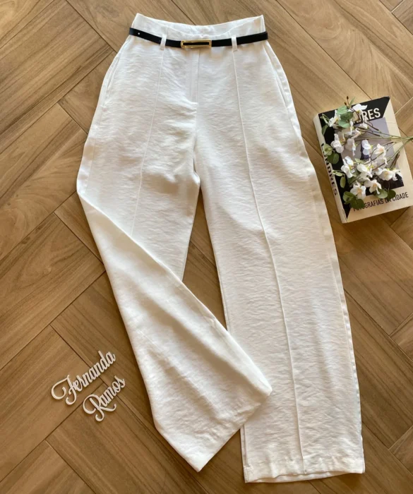 Calça Social Feminina Pantalona Viscose Off White com Cinto - Fernanda Ramos Store