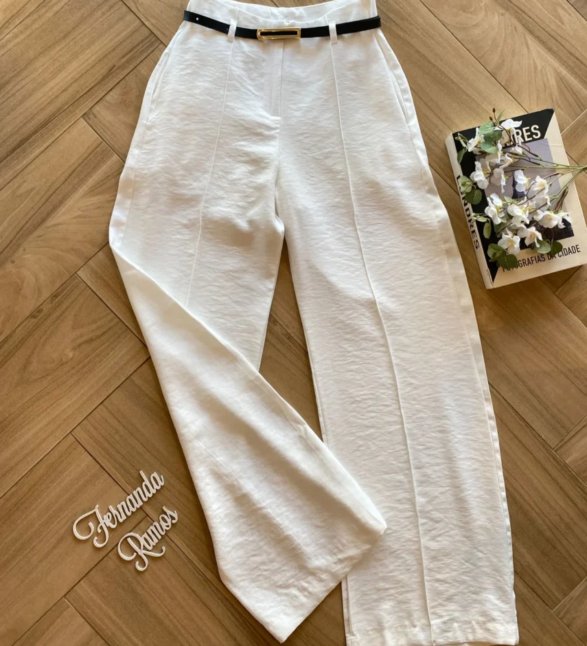 Calça Social Feminina Pantalona Viscose Off White com Cinto - Fernanda Ramos Store