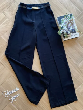 Calça Social Feminina Pantalona Viscose Preta com Cinto - Fernanda Ramos Store