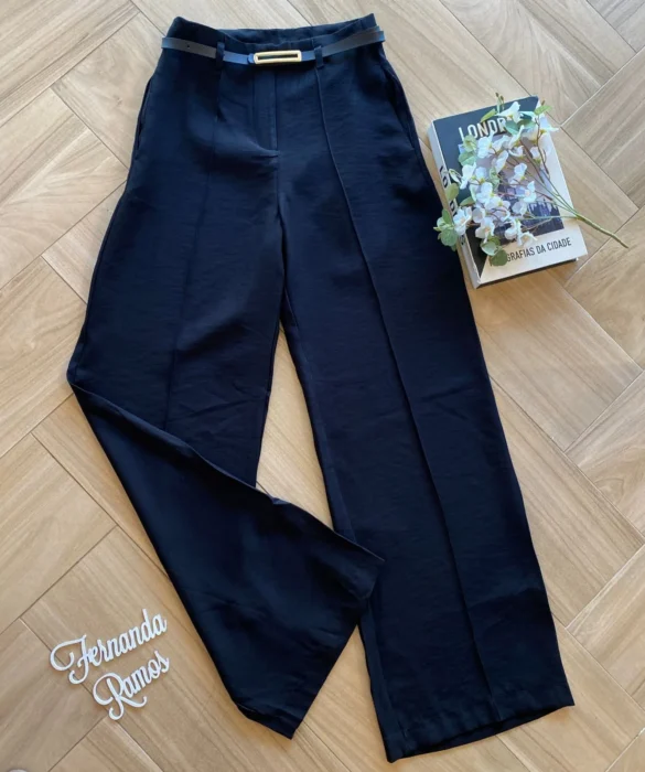 Calça Social Feminina Pantalona Viscose Preta com Cinto - Fernanda Ramos Store