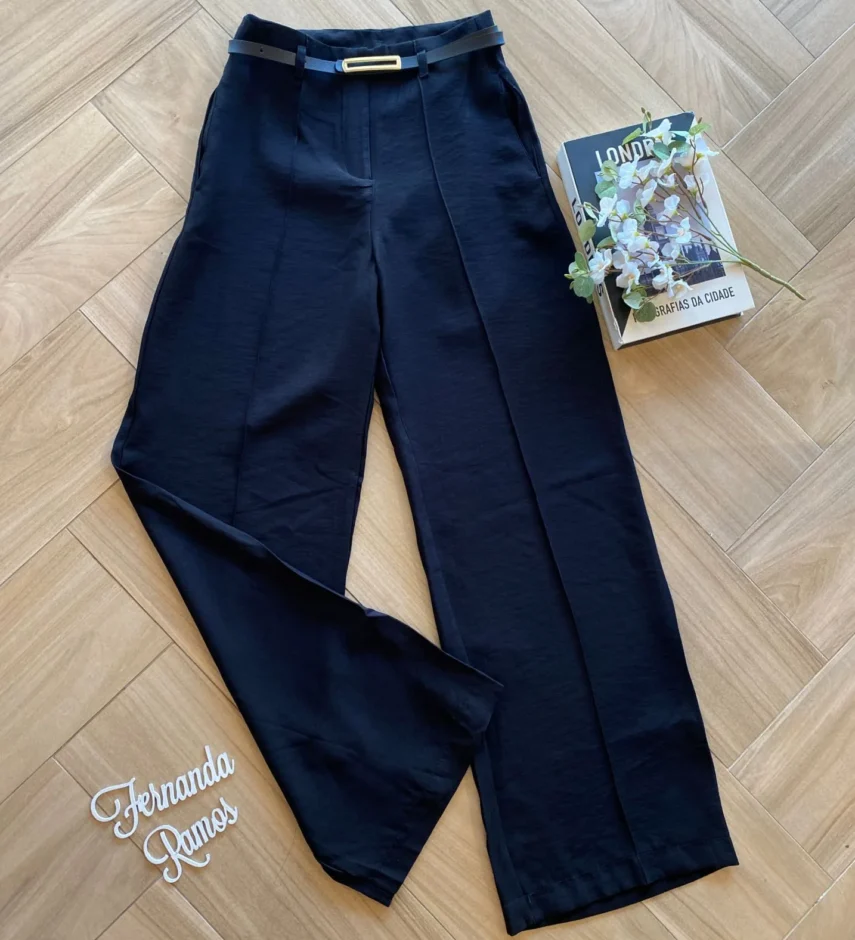 Calça Social Feminina Pantalona Viscose Preta com Cinto - Fernanda Ramos Store