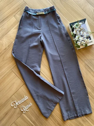 Calça Social Feminina Pantalona Viscose Cinza com Cinto - Fernanda Ramos Store