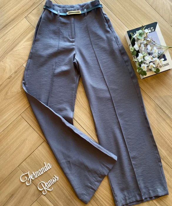 Calça Social Feminina Pantalona Viscose Cinza com Cinto - Fernanda Ramos Store