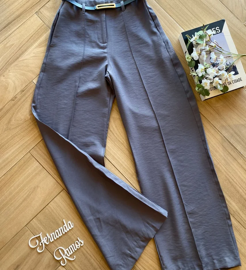 Calça Social Feminina Pantalona Viscose Cinza com Cinto - Fernanda Ramos Store