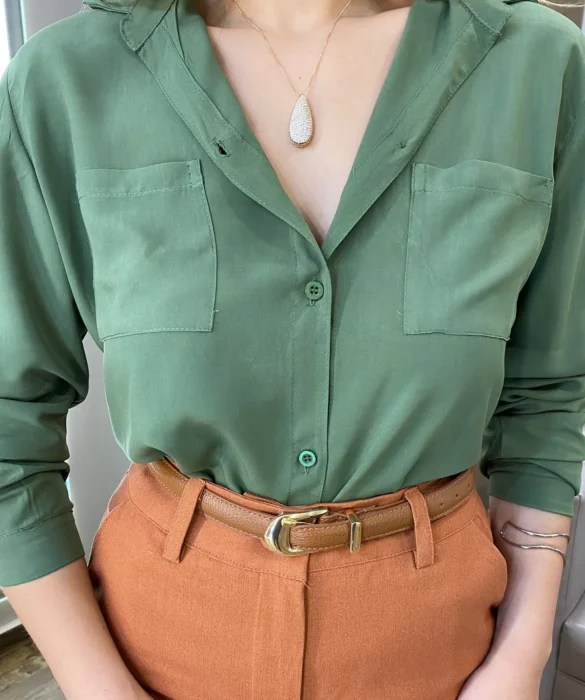 Camisa Feminina Social Manga Longa Verde Militar - Fernanda Ramos Store