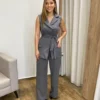 Conjunto Feminino Colete com Amarração e Calça Pantalona Cinza - Fernanda Ramos Store