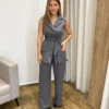 Conjunto Feminino Colete com Amarração e Calça Pantalona Cinza - Fernanda Ramos Store