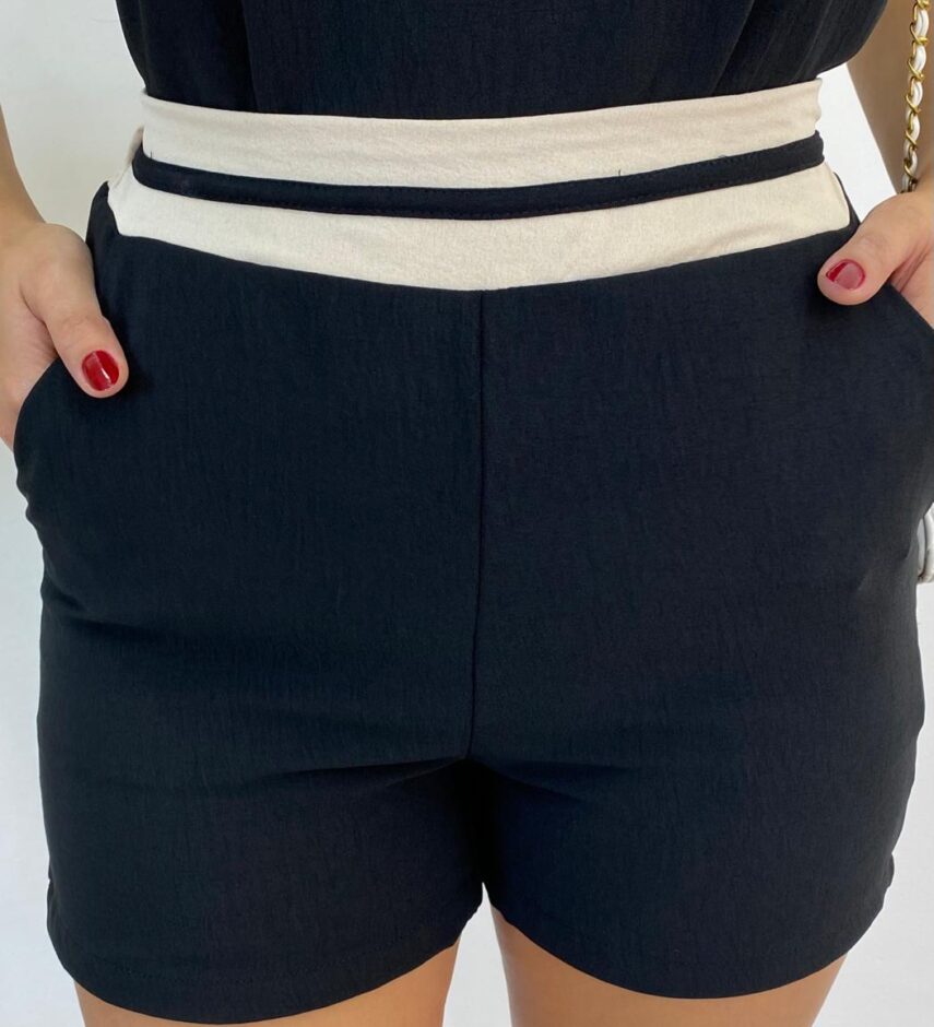 Conjunto Feminino Crepe Blusa Tee Muscle e Short Preto com Nude - Fernanda Ramos Store