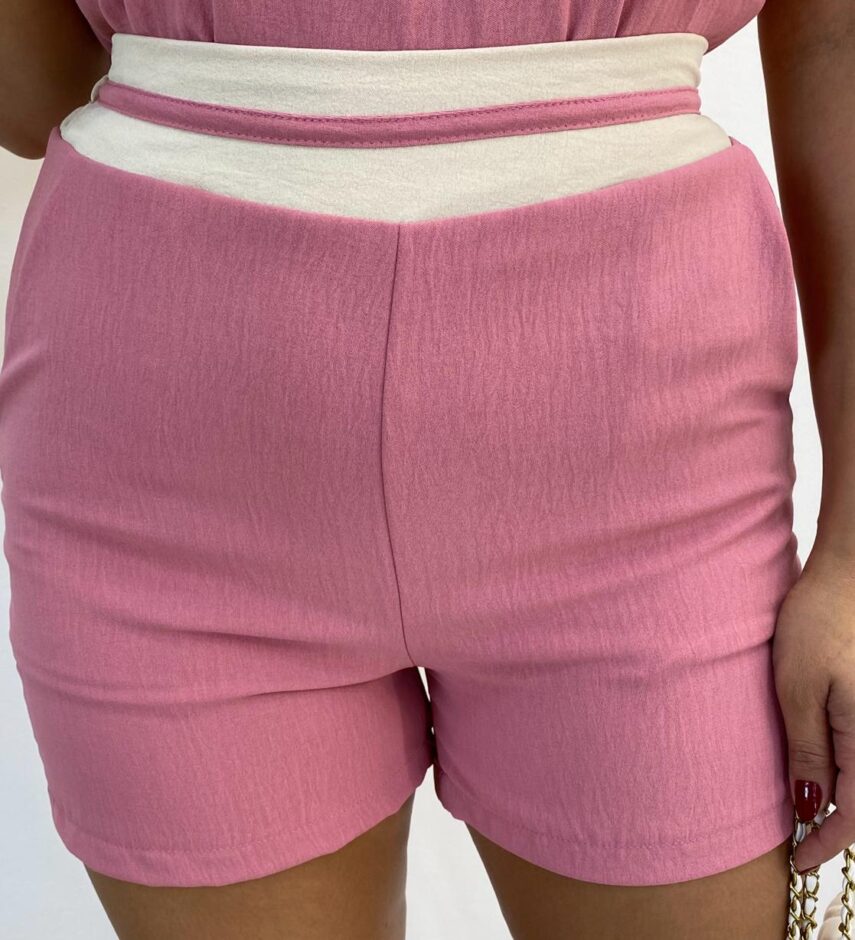 Conjunto Feminino Crepe Blusa Tee Muscle e Short Rosé com Nude - Fernanda Ramos Store