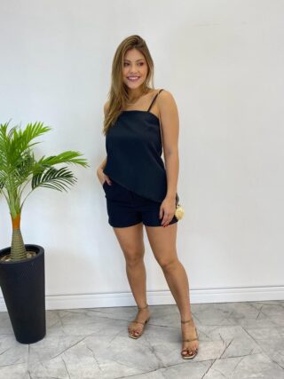 Conjunto Feminino Regata Assimétrica sem Bojo e Short Preto - Fernanda Ramos Store