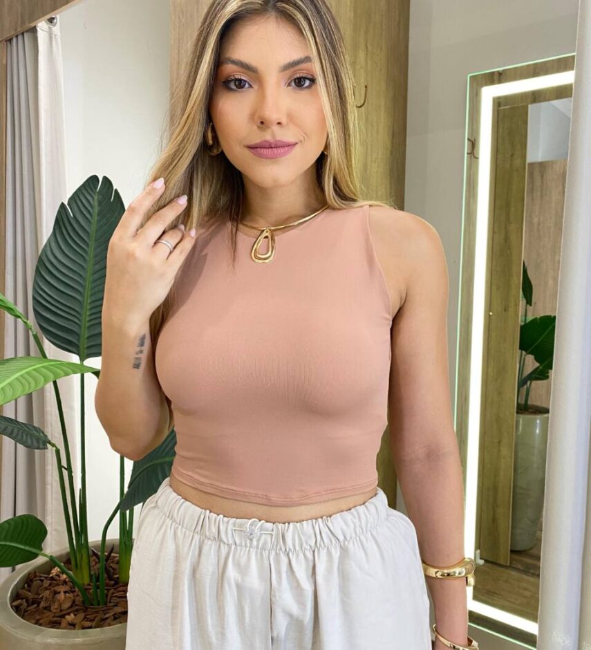 Cropped Feminino Básico Regata sem Bojo Bege - Fernanda Ramos Store