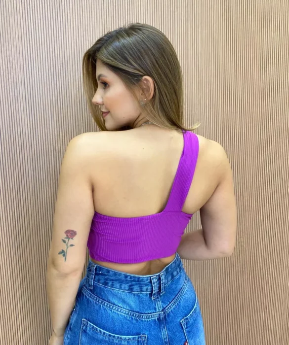 Cropped Feminino Canelado com Bojo e Abertura Nula Manga Fúcsia - Fernanda Ramos Store