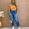 Cropped Feminino Canelado com Bojo e Abertura Nula Manga Laranja - Fernanda Ramos Store