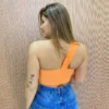 Cropped Feminino Canelado com Bojo e Abertura Nula Manga Laranja - Fernanda Ramos Store