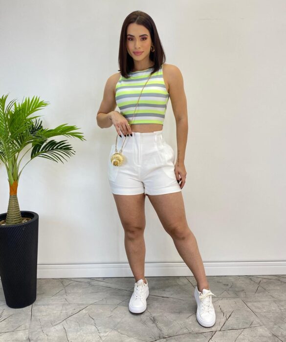 Cropped Feminino com Bojo Listrado Verde Cinza e Branco - Fernanda Ramos Store