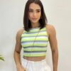 Cropped Feminino com Bojo Listrado Verde Cinza e Branco - Fernanda Ramos Store