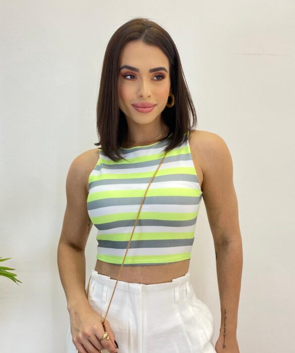 Cropped Feminino com Bojo Listrado Verde Cinza e Branco - Fernanda Ramos Store