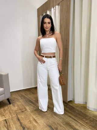 Cropped Feminino Jeans sem Bojo Off White com Botões Átras - Fernanda Ramos Store