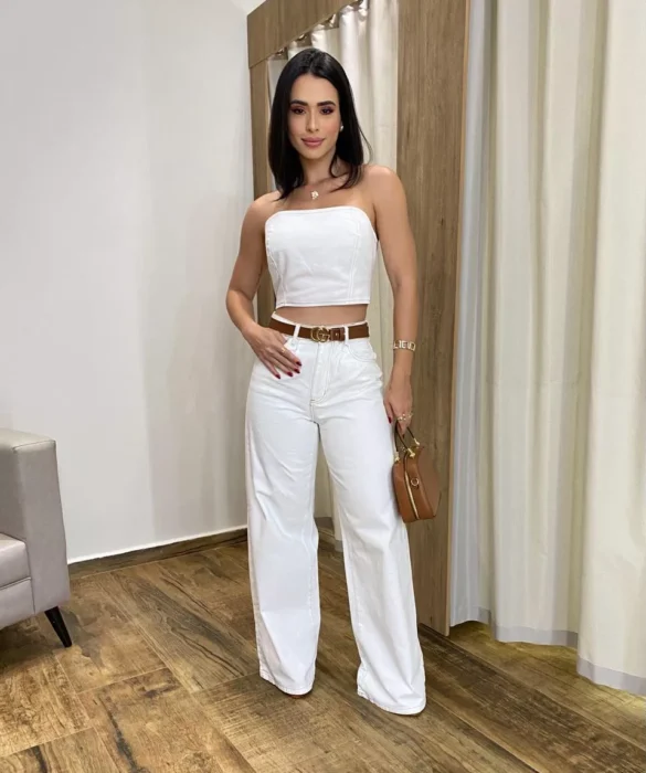 Cropped Feminino Jeans sem Bojo Off White com Botões Átras - Fernanda Ramos Store