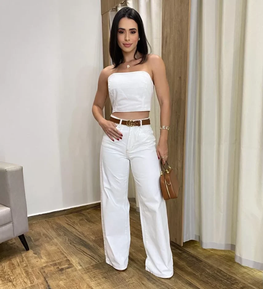 Cropped Feminino Jeans sem Bojo Off White com Botões Átras - Fernanda Ramos Store