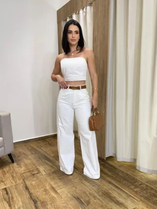 Cropped Feminino Jeans sem Bojo Off White com Botões Átras - Fernanda Ramos Store