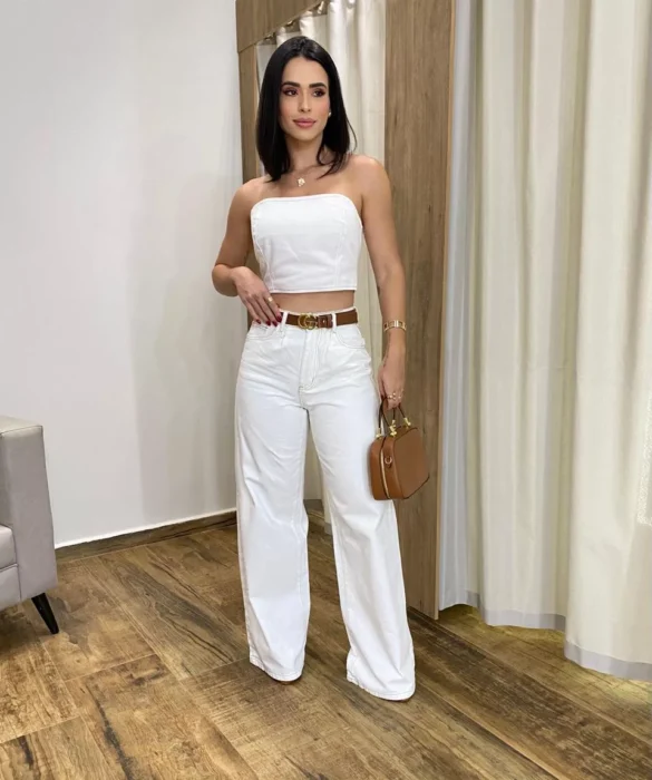 Cropped Feminino Jeans sem Bojo Off White com Botões Átras - Fernanda Ramos Store