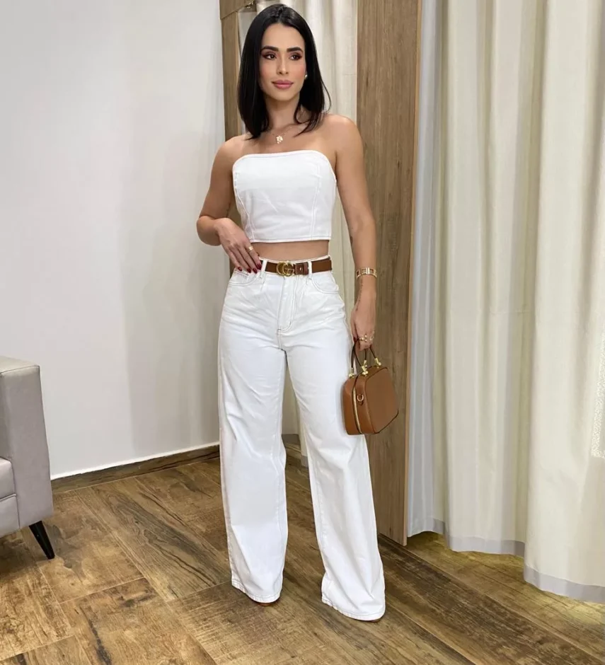 Cropped Feminino Jeans sem Bojo Off White com Botões Átras - Fernanda Ramos Store