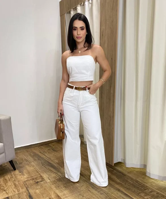 Cropped Feminino Jeans sem Bojo Off White com Botões Átras - Fernanda Ramos Store