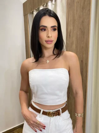 Cropped Feminino Jeans sem Bojo Off White com Botões Átras - Fernanda Ramos Store