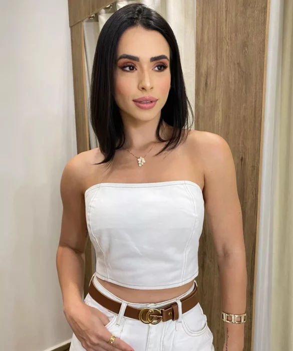 Cropped Feminino Jeans sem Bojo Off White com Botões Átras - Fernanda Ramos Store