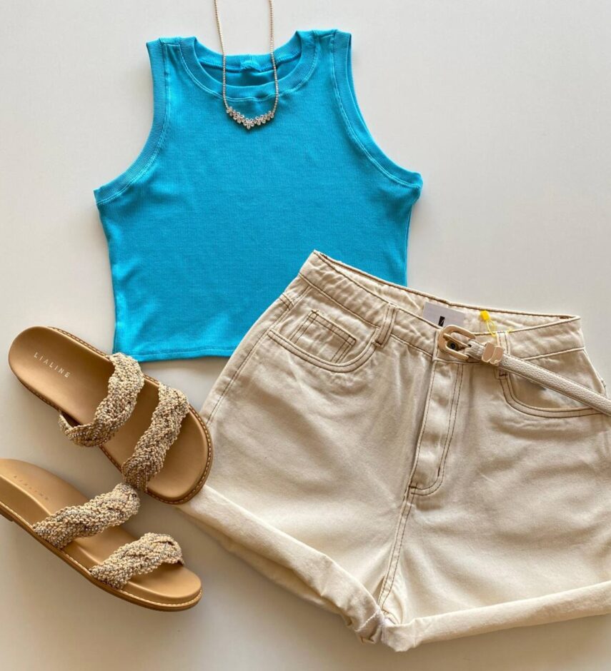 Cropped Feminino Jéssica sem Bojo Canelado Azul - Fernanda Ramos Store