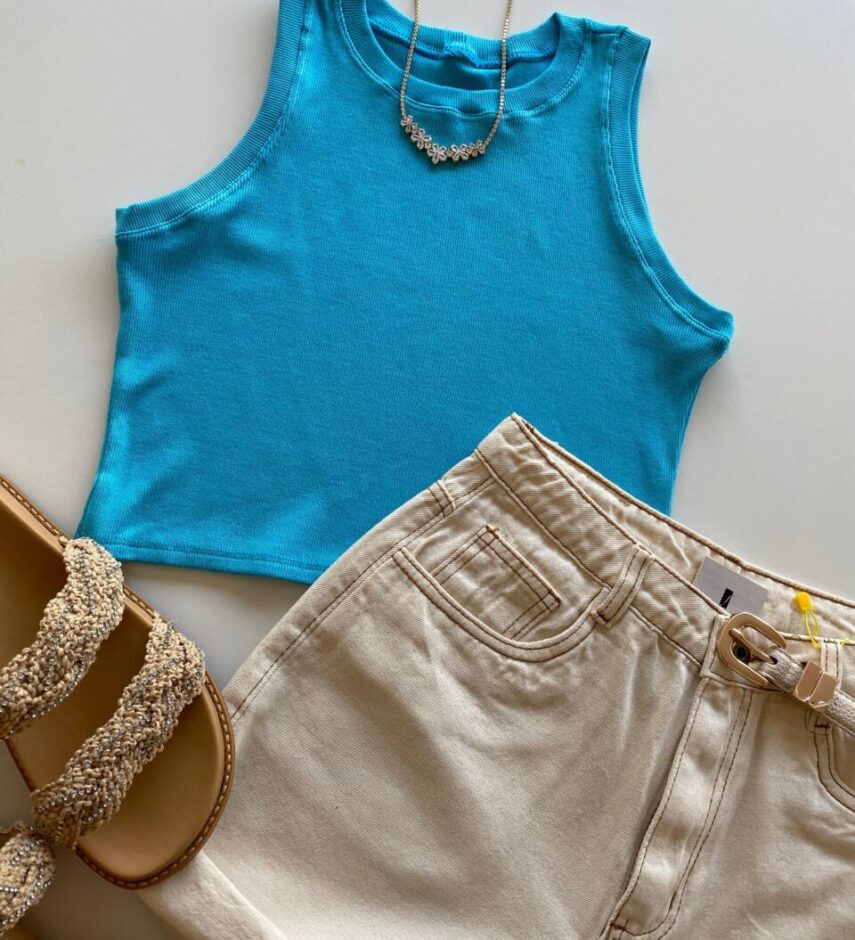 Cropped Feminino Jéssica sem Bojo Canelado Azul - Fernanda Ramos Store