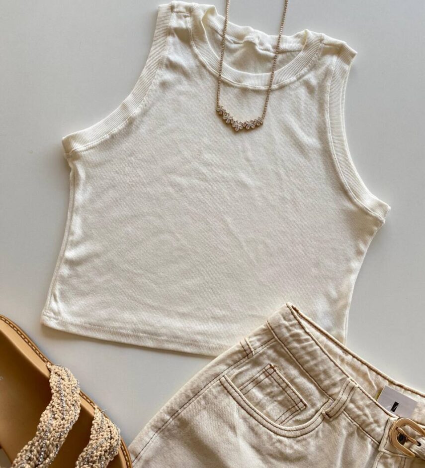 Cropped Feminino Jéssica sem Bojo Canelado Off White - Fernanda Ramos Store