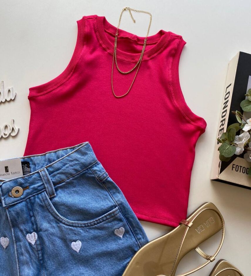 Cropped Feminino Jéssica sem Bojo Canelado Pink - Fernanda Ramos Store