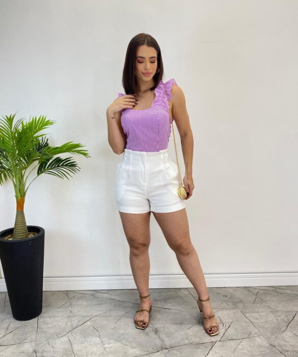 Cropped Feminino Liz com Bojo e Lastex Listrado Roxo - Fernanda Ramos Store