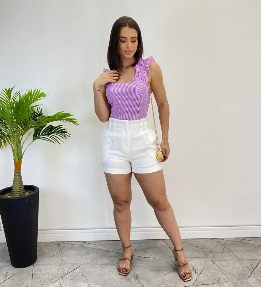Cropped Feminino Liz com Bojo e Lastex Listrado Roxo - Fernanda Ramos Store