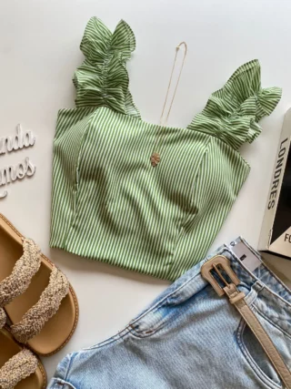 Cropped Feminino Liz com Bojo e Lastex Listrado Verde - Fernanda Ramos Store