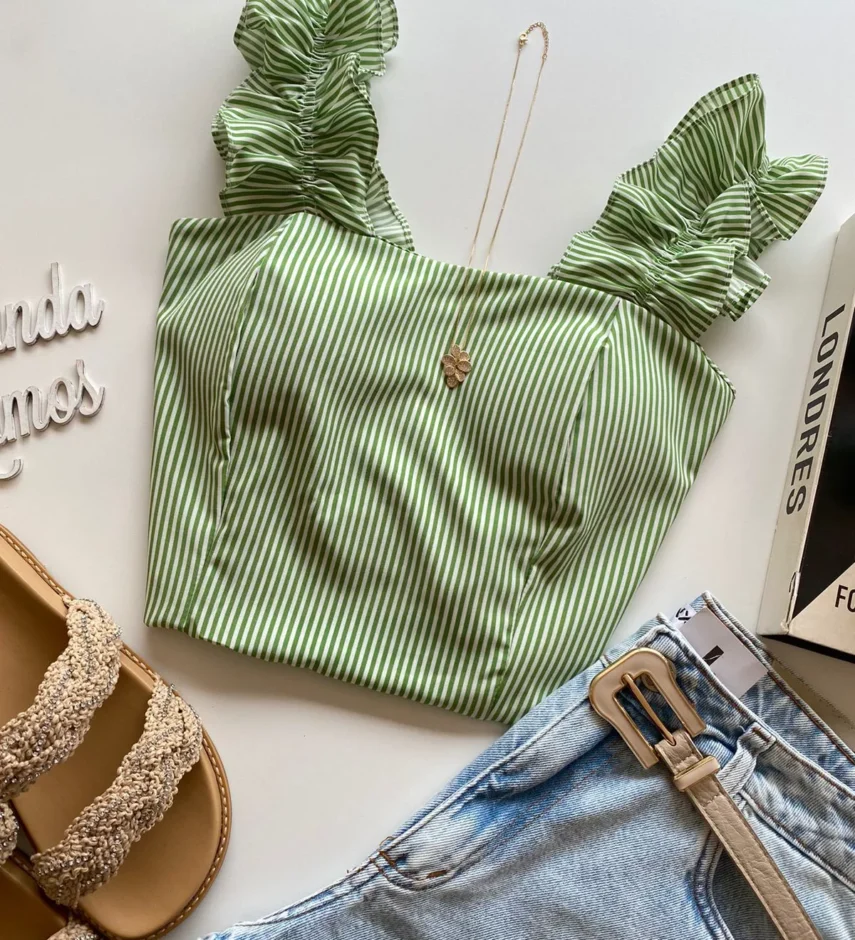 Cropped Feminino Liz com Bojo e Lastex Listrado Verde - Fernanda Ramos Store