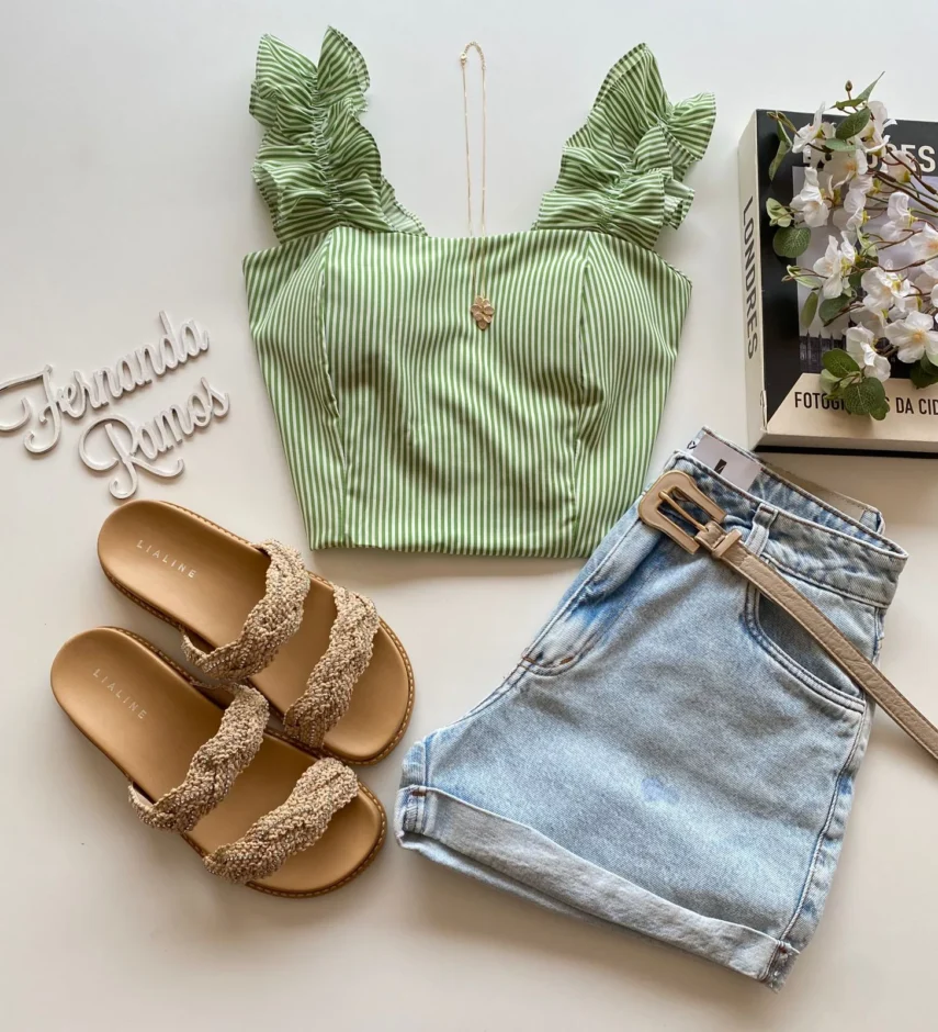 Cropped Feminino Liz com Bojo e Lastex Listrado Verde - Fernanda Ramos Store