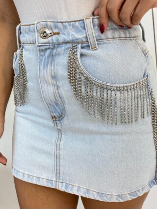 Saia Feminina Jeans Curta com Detalhe em Strass - Fernanda Ramos Store