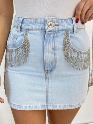 Saia Feminina Jeans Curta com Detalhe em Strass - Fernanda Ramos Store