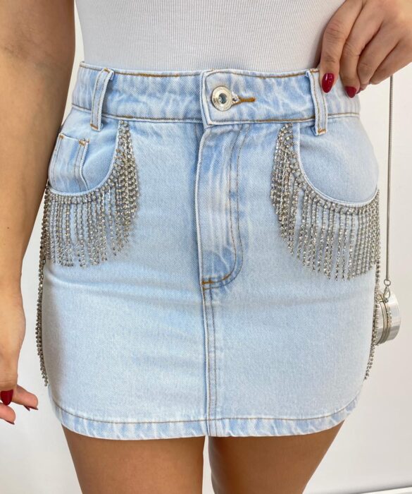 Saia Feminina Jeans Curta com Detalhe em Strass - Fernanda Ramos Store