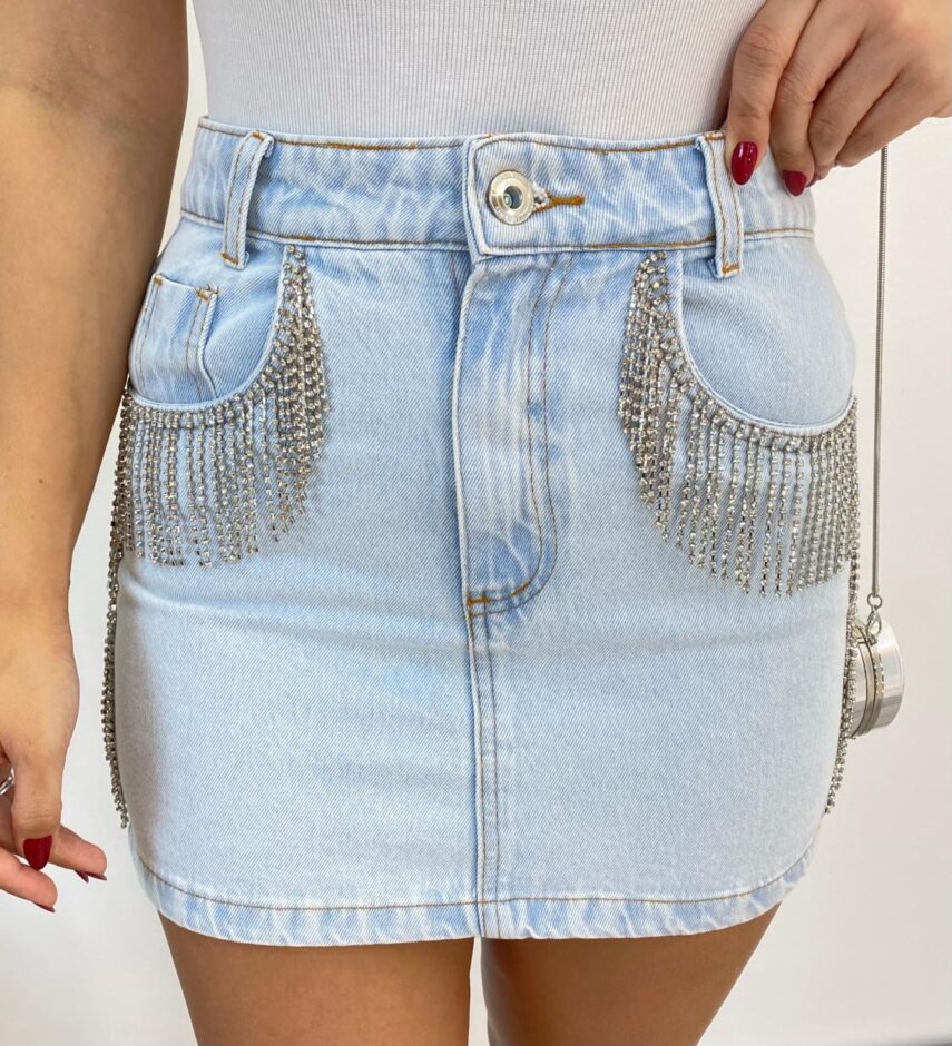 Saia Feminina Jeans Curta com Detalhe em Strass - Fernanda Ramos Store