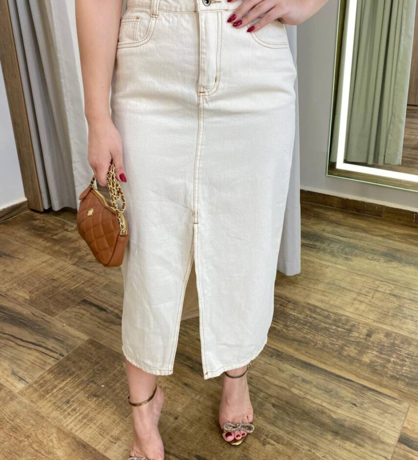 Saia Feminina Midi Jeans com Fenda Cru - Fernanda Ramos Store
